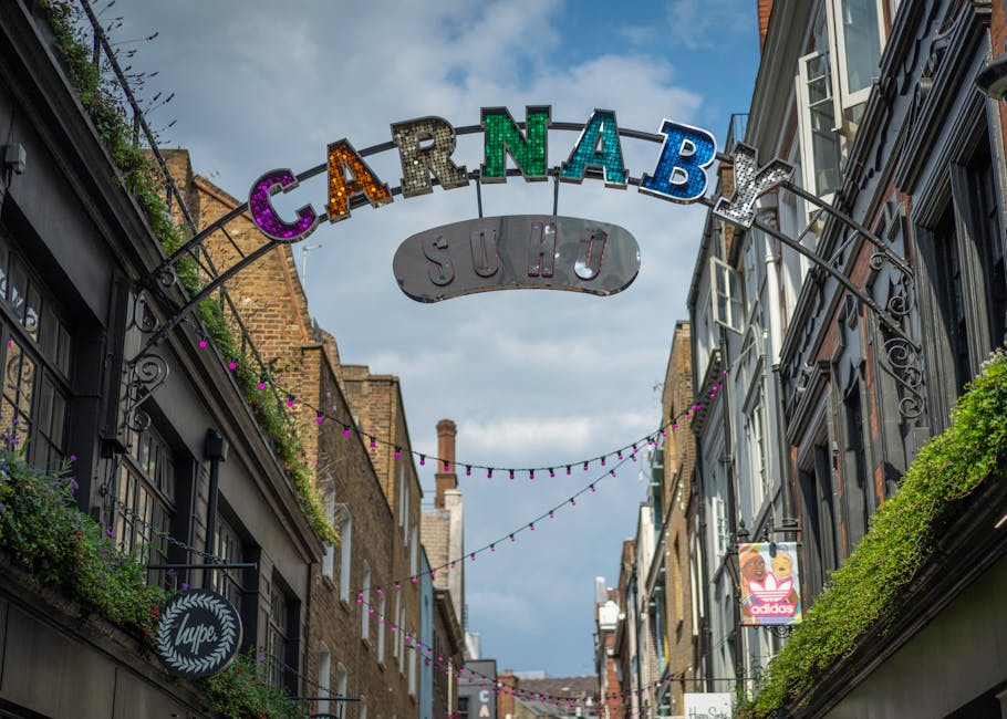 A nighttime street scene with a prominent illuminated sign reading 'CARNABY' hanging above a narrow pedestrian walkway, which is lined with shops and boutiques. The sky is dark blue, indicating evenin
